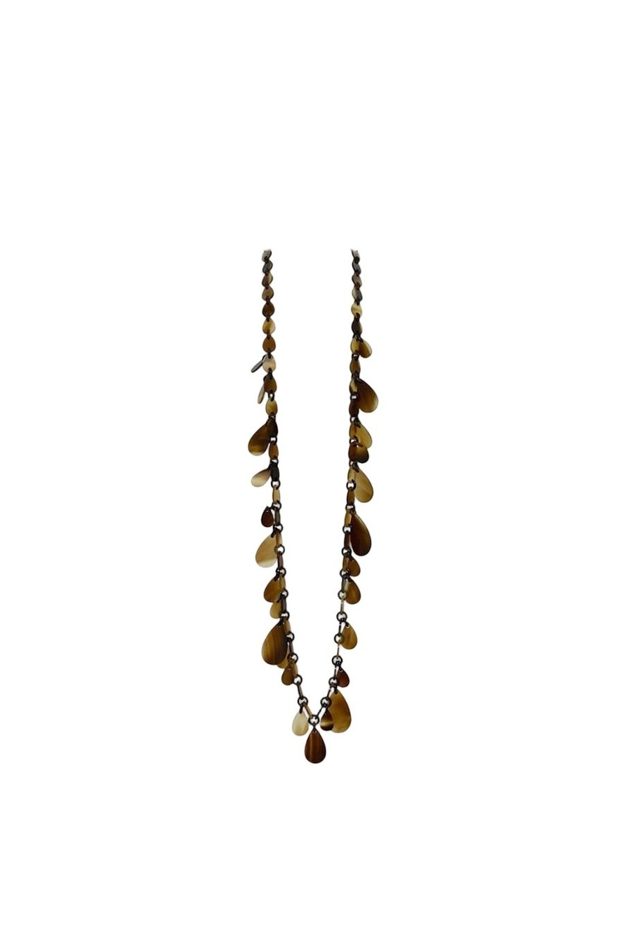 Hermes Long Necklace Beige Brown Teardrop Buffalo Horn